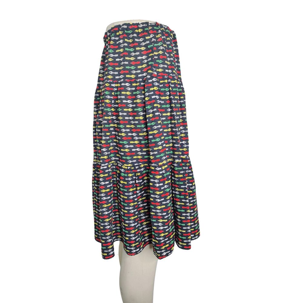 1970s Quill Motif Tiered Midi Skirt Novelty Print Snap Clasp Lightweight Size L